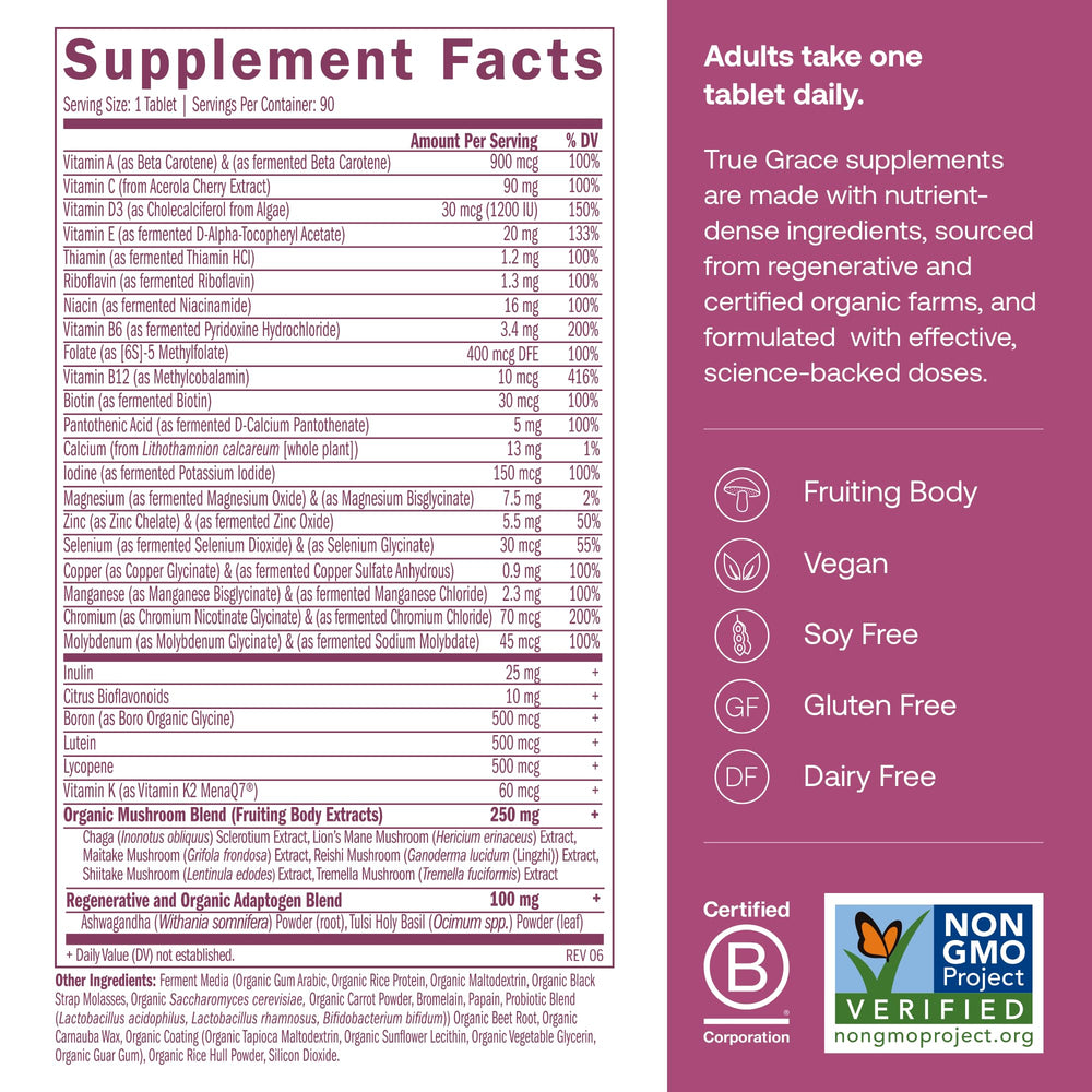 Close-up of True Grace One Daily label highlighting vegan formula.