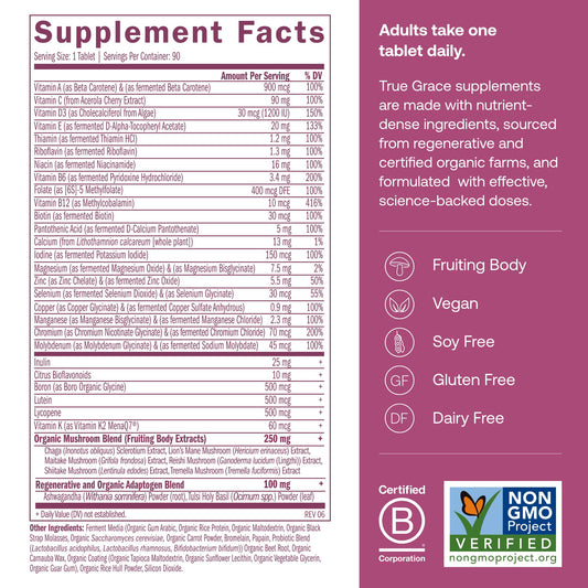 Close-up of True Grace One Daily label highlighting vegan formula.