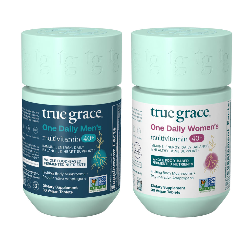 True Grace One Daily Men’s Multivitamin 40+ bottle front—vegan, non-GMO daily supplement.
