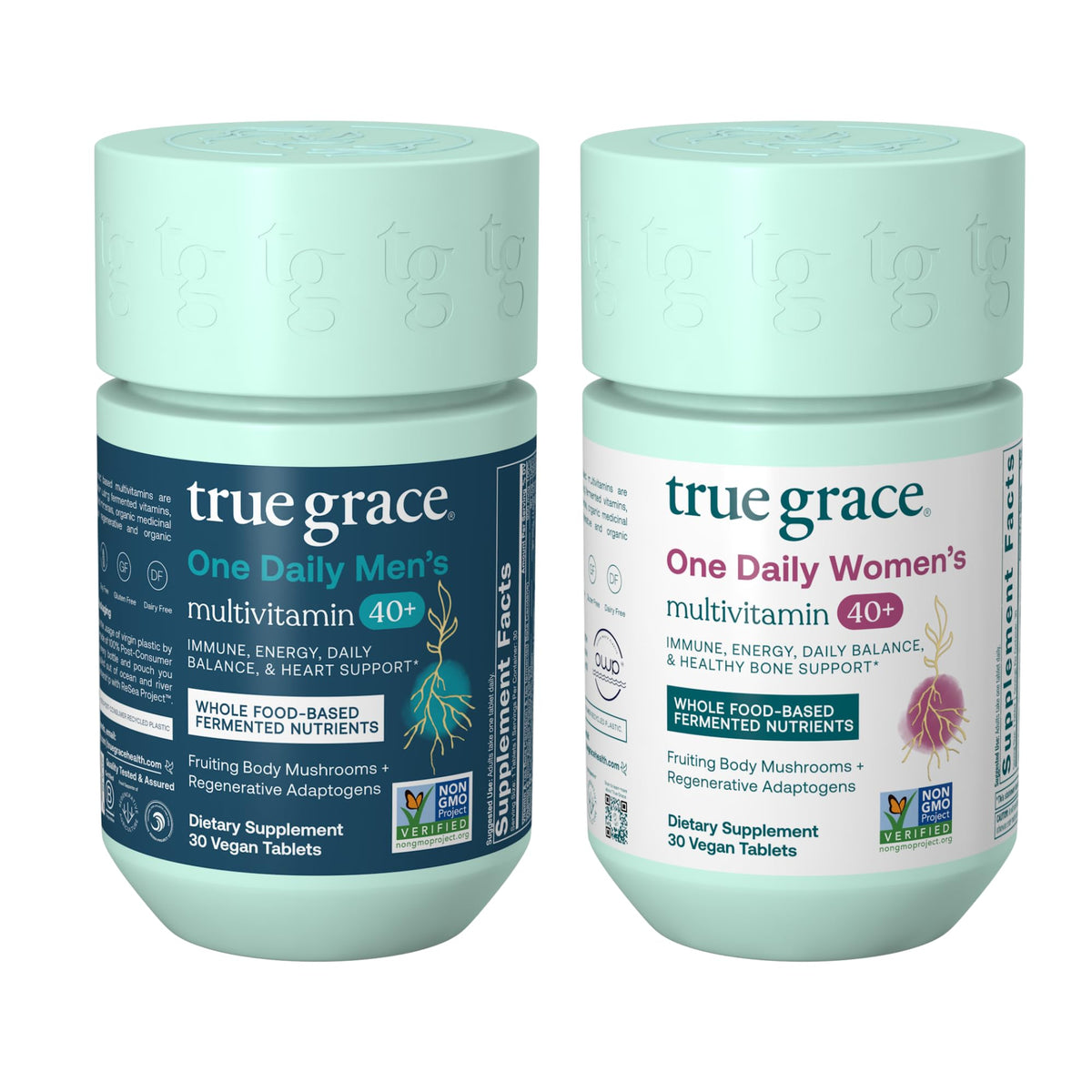 True Grace One Daily Men’s Multivitamin 40+ bottle front—vegan, non-GMO daily supplement.