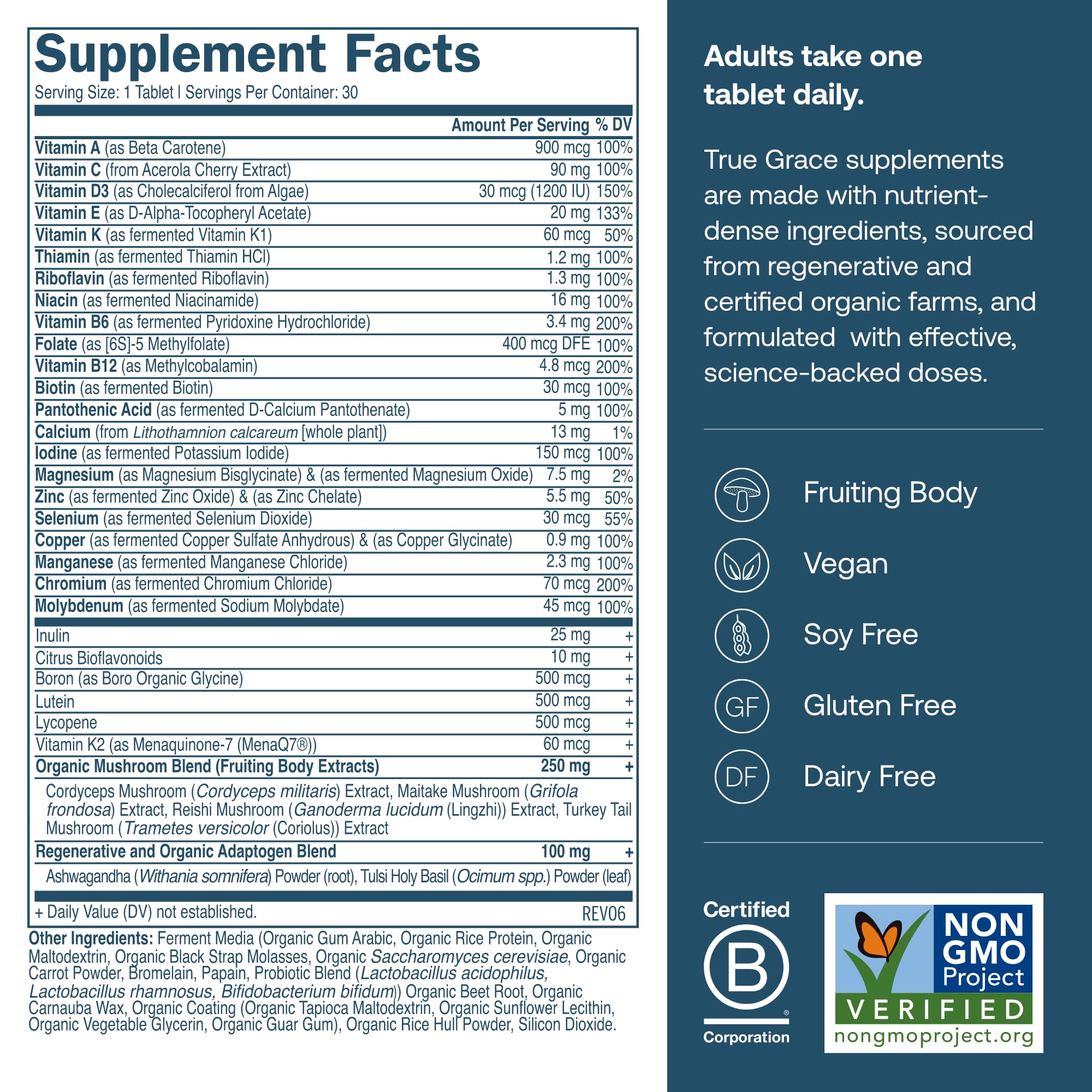 True Grace One Daily Multivitamin packaging highlighting sustainable, eco-friendly design.