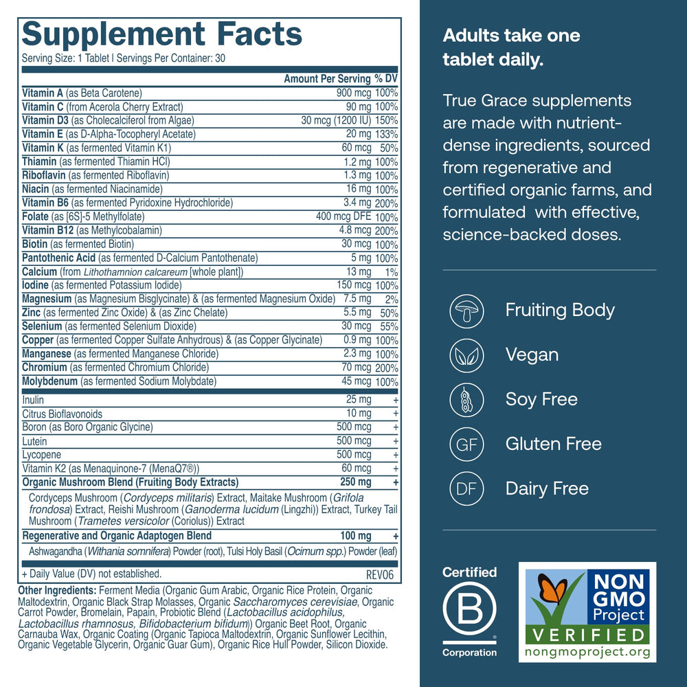 True Grace One Daily Multivitamin packaging highlighting sustainable, eco-friendly design.