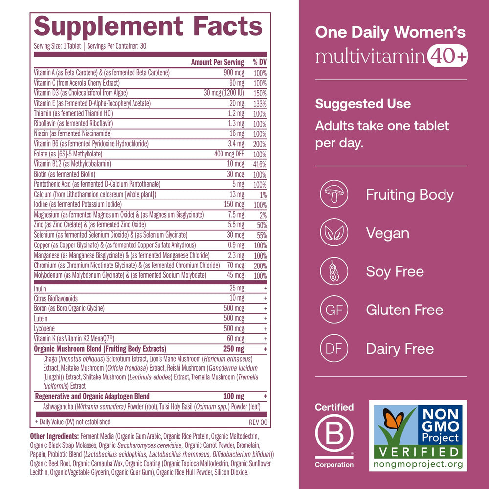 Close-up of True Grace multivitamin 40+ label highlighting active nutrients.