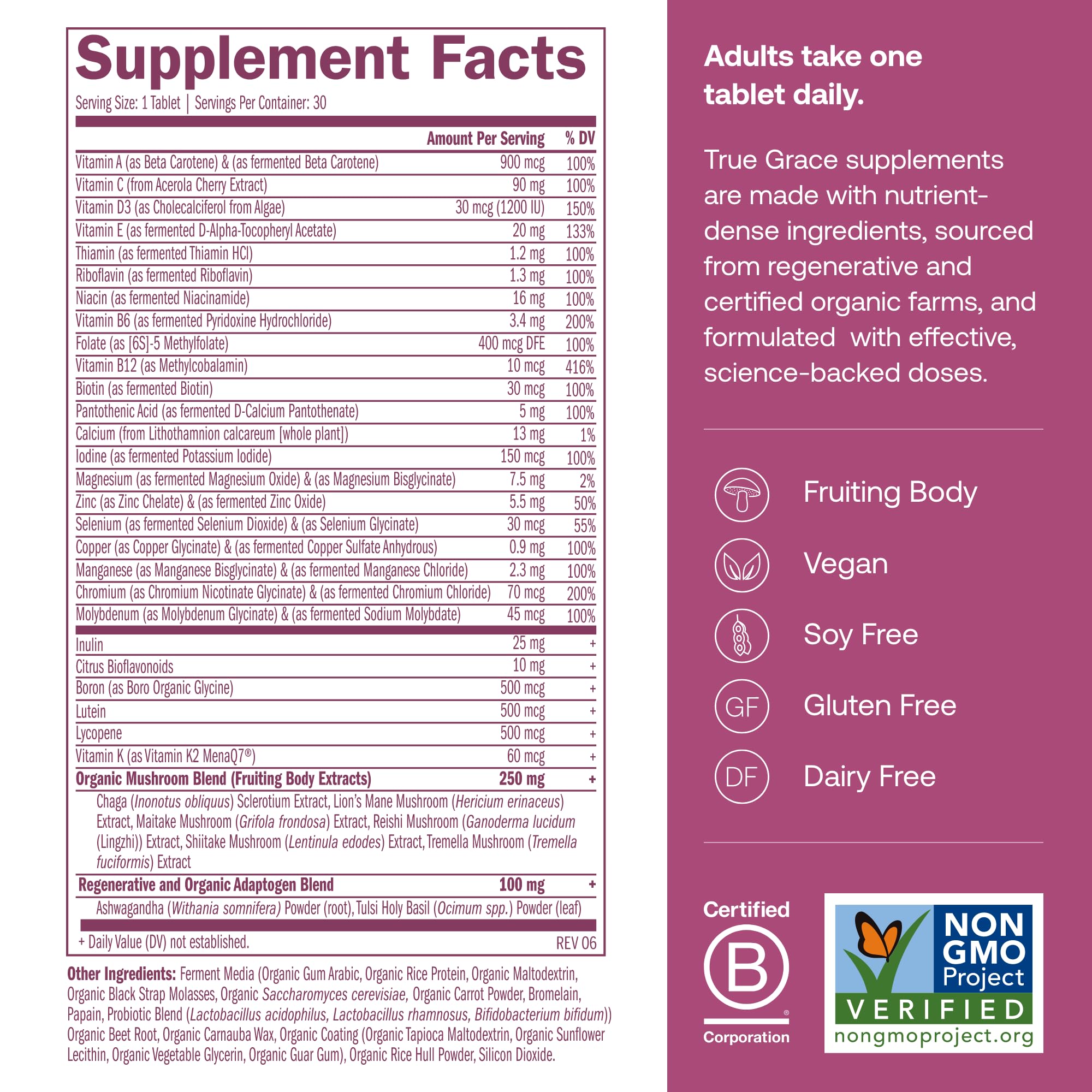 True Grace bottle label shows non-GMO, iron-free formula.