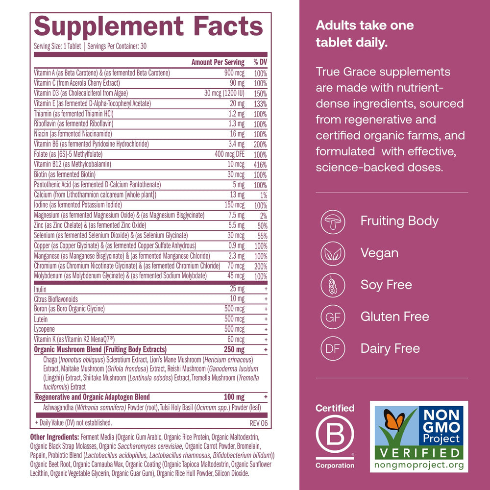 True Grace bottle label shows non-GMO, iron-free formula.