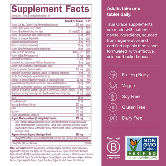 True Grace bottle label shows non-GMO, iron-free formula.