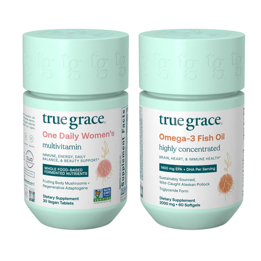True Grace One Daily Women’s Multivitamin bottle with vegan tablets supports daily nutrient intake.