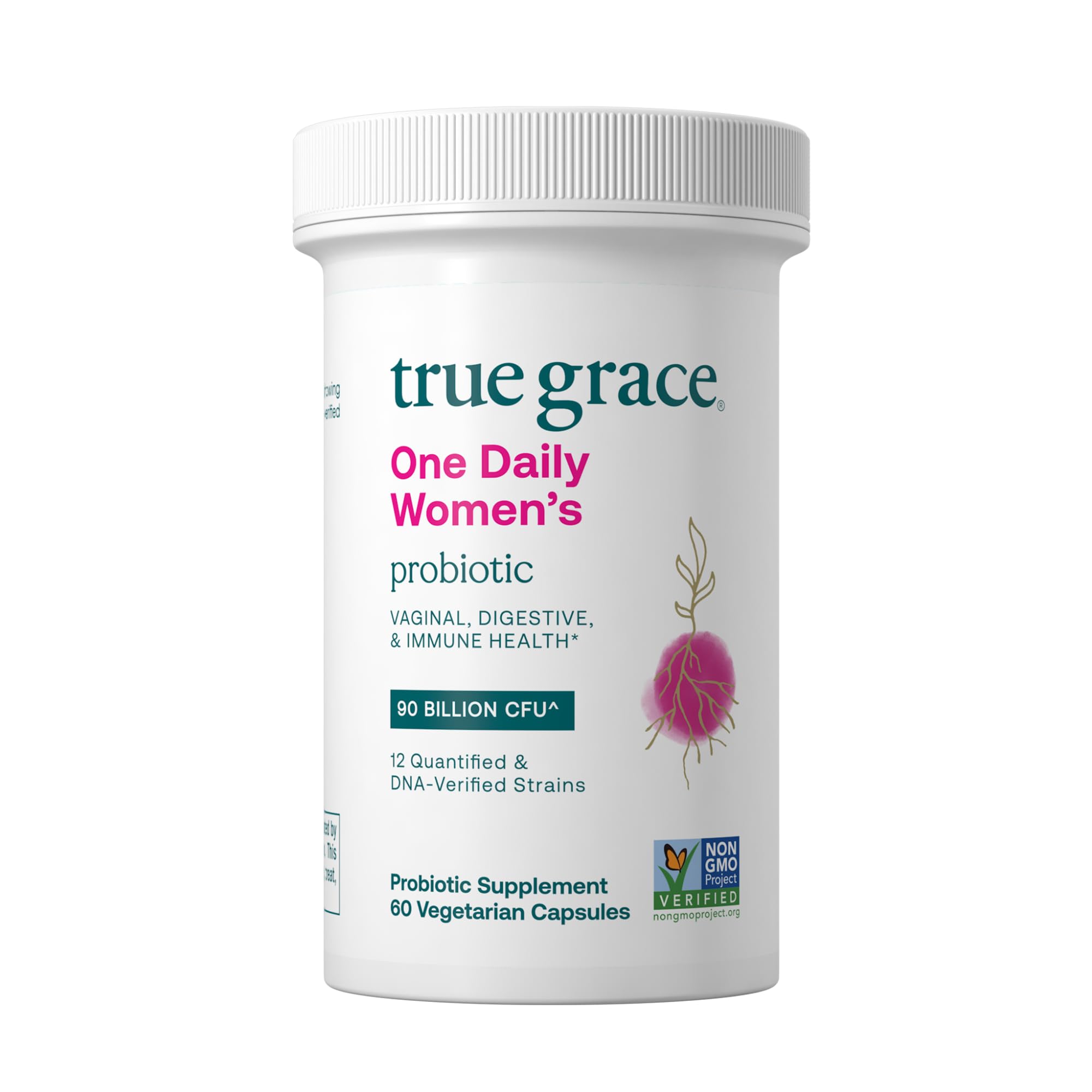 True Grace One Daily Women’s Probiotic bottle front shows 60 servings for daily digestive support.