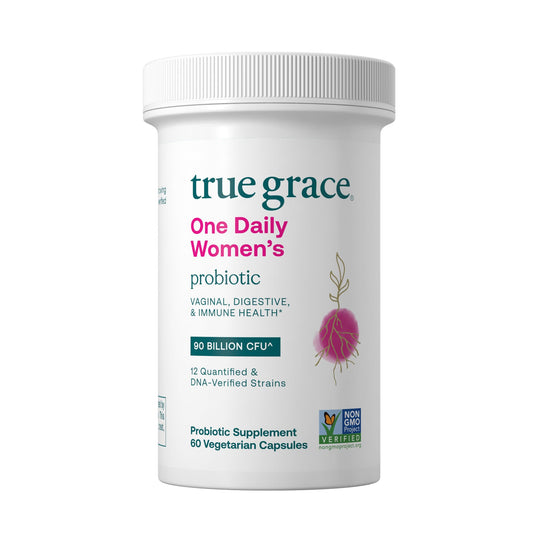 True Grace One Daily Women’s Probiotic bottle front shows 60 servings for daily digestive support.