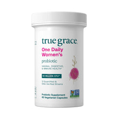 True Grace One Daily Women’s Probiotic bottle front shows 60 servings for daily digestive support.