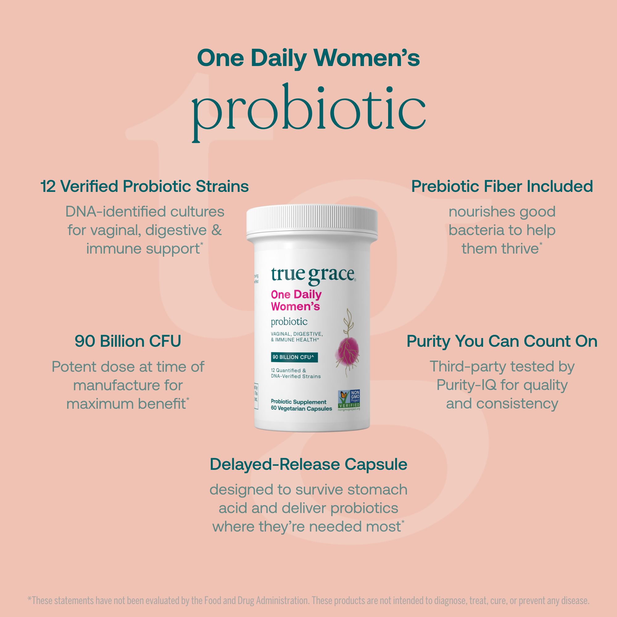 True Grace One Daily Women’s Probiotic capsules shown, featuring DR caps for better stomach acid protection.