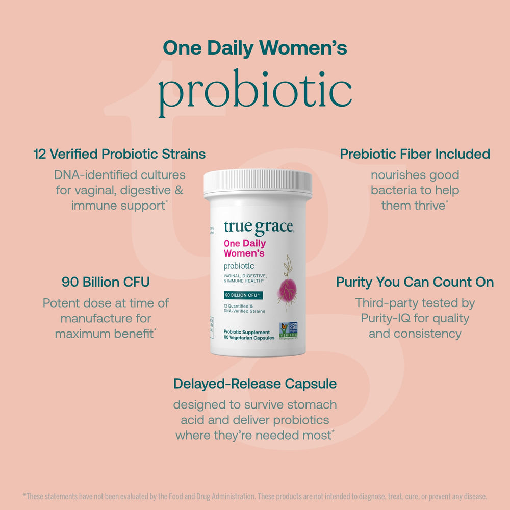 True Grace One Daily Women’s Probiotic capsules shown, featuring DR caps for better stomach acid protection.