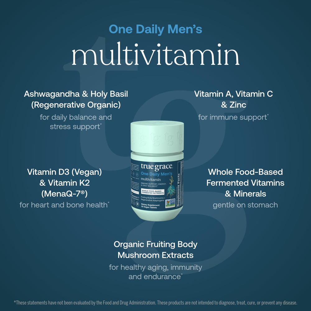 True Grace Organic Mushroom Blend bottle emphasizing bioavailable beta-glucans and natural extraction.