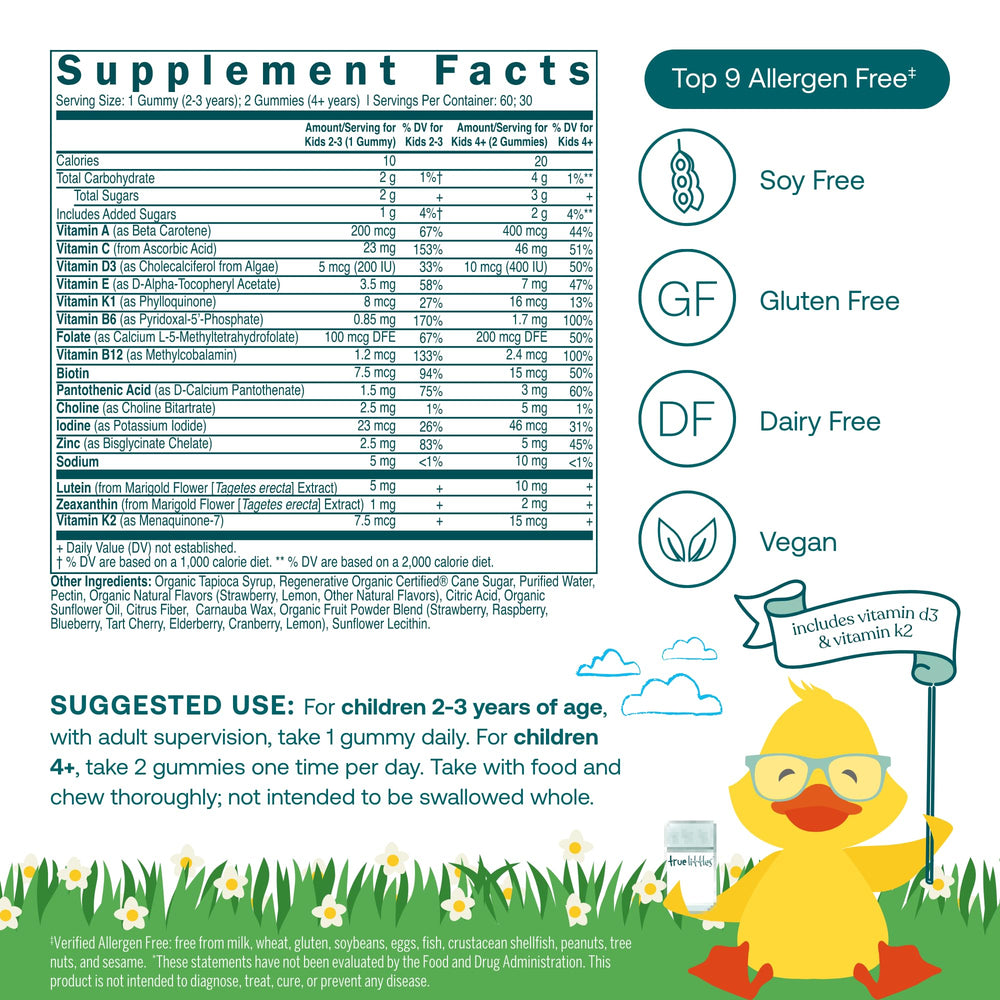 Close-up of True Littles bottle label highlighting Lutemax lutein for eye and brain support
