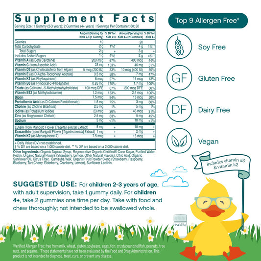 Close-up of True Littles bottle label highlighting Lutemax lutein for eye and brain support