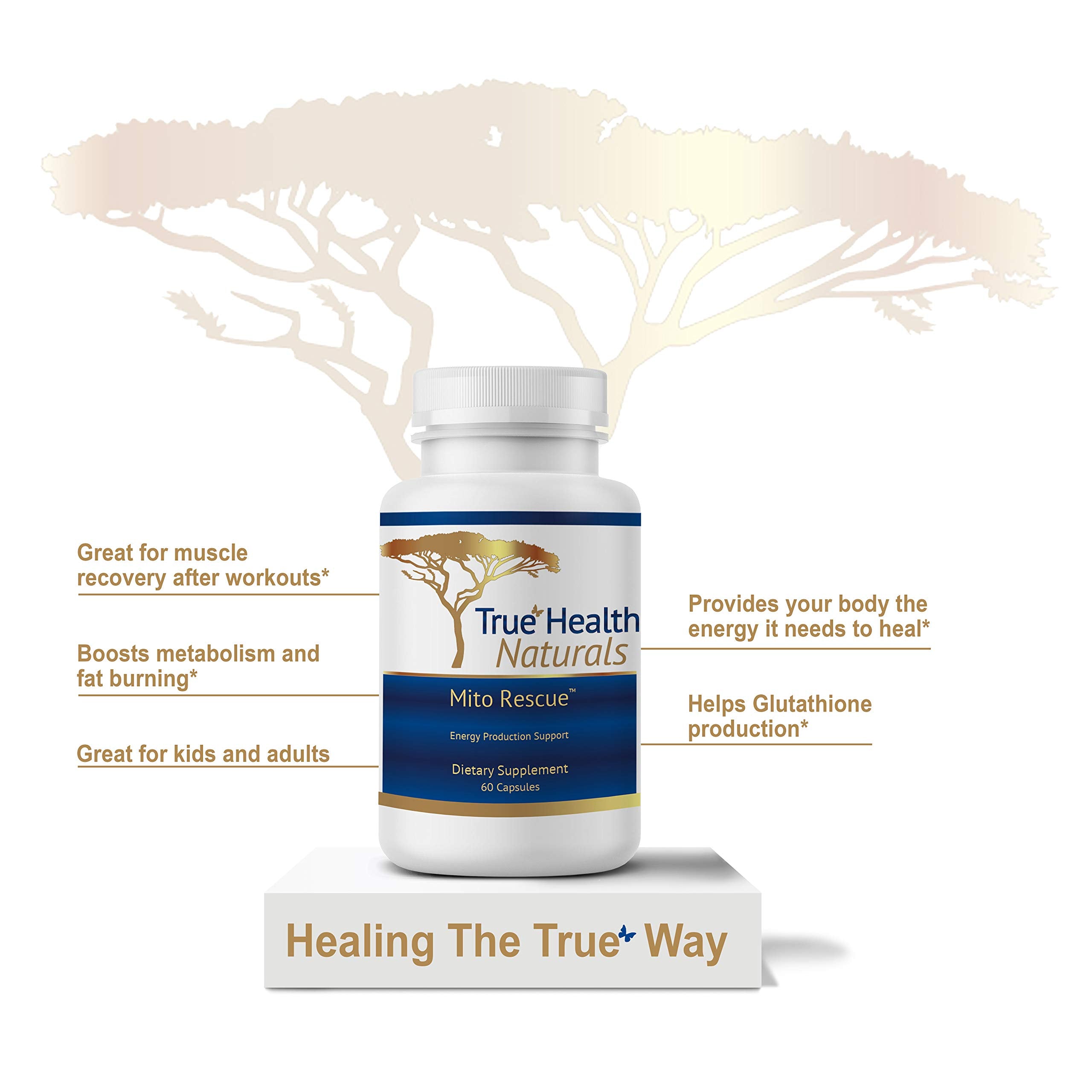 True Healing Naturals Mito Rescue boxes showcase antioxidants and cellular support ingredients.