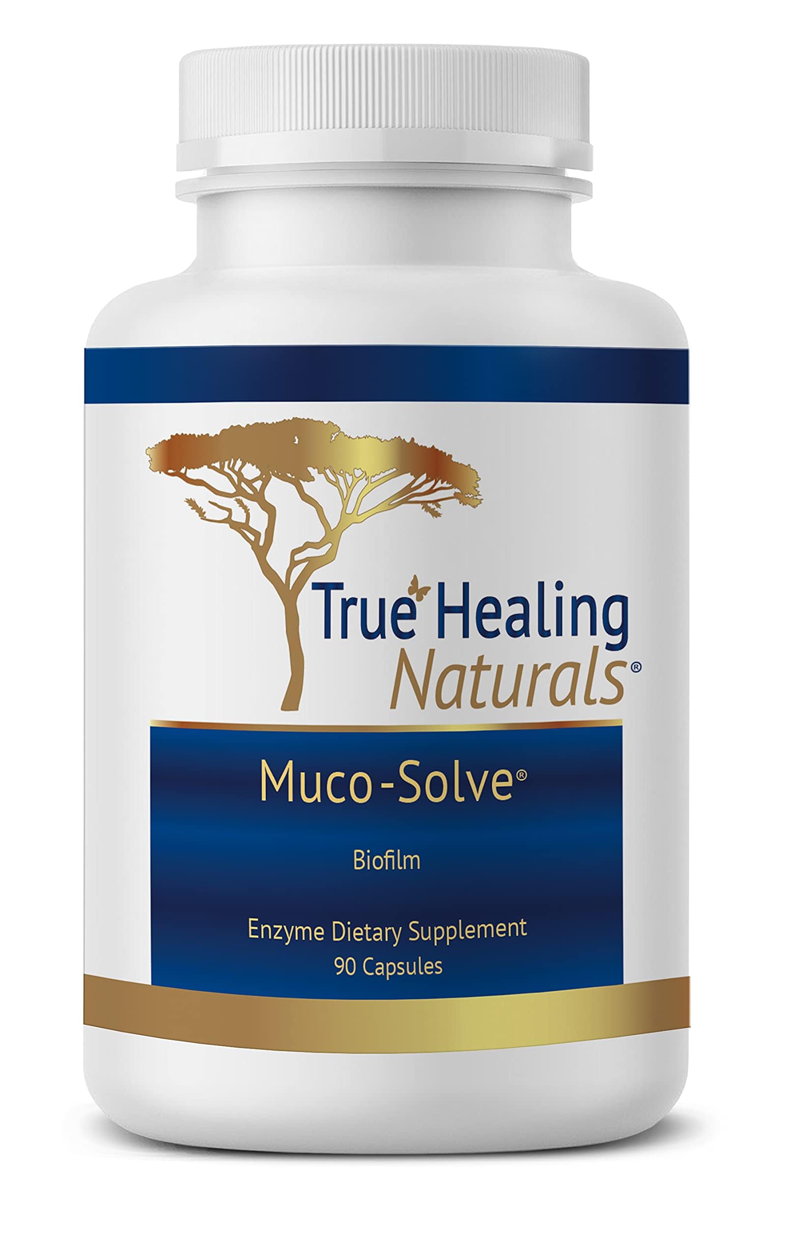 True Healing Naturals Muco-Solve bottle on countertop promotes gut health support and biofilm defense.