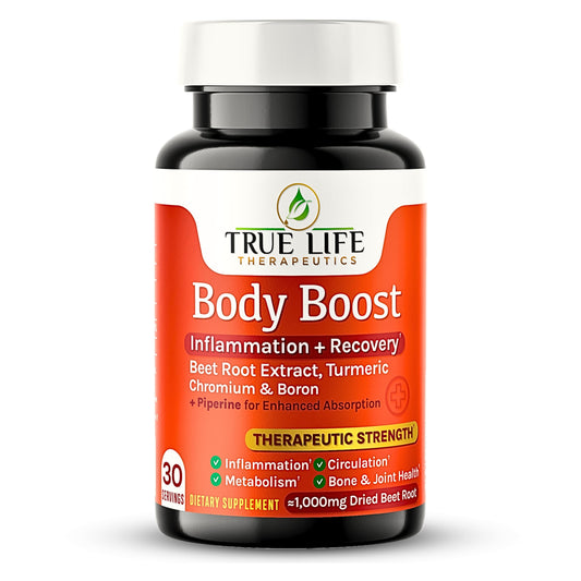 True Life Therapeutics Body Support Tablets bottle with beet root extract supporting healthy nitric oxide and circulation.