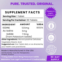 True Life Therapeutics Lugol's Iodine Tablets gluten-free and non-GMO badges clearly shown