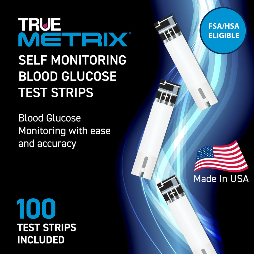TRUE METRIX test strips box back for easy, safe handling and use
