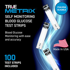 TRUE METRIX test strips box back for easy, safe handling and use