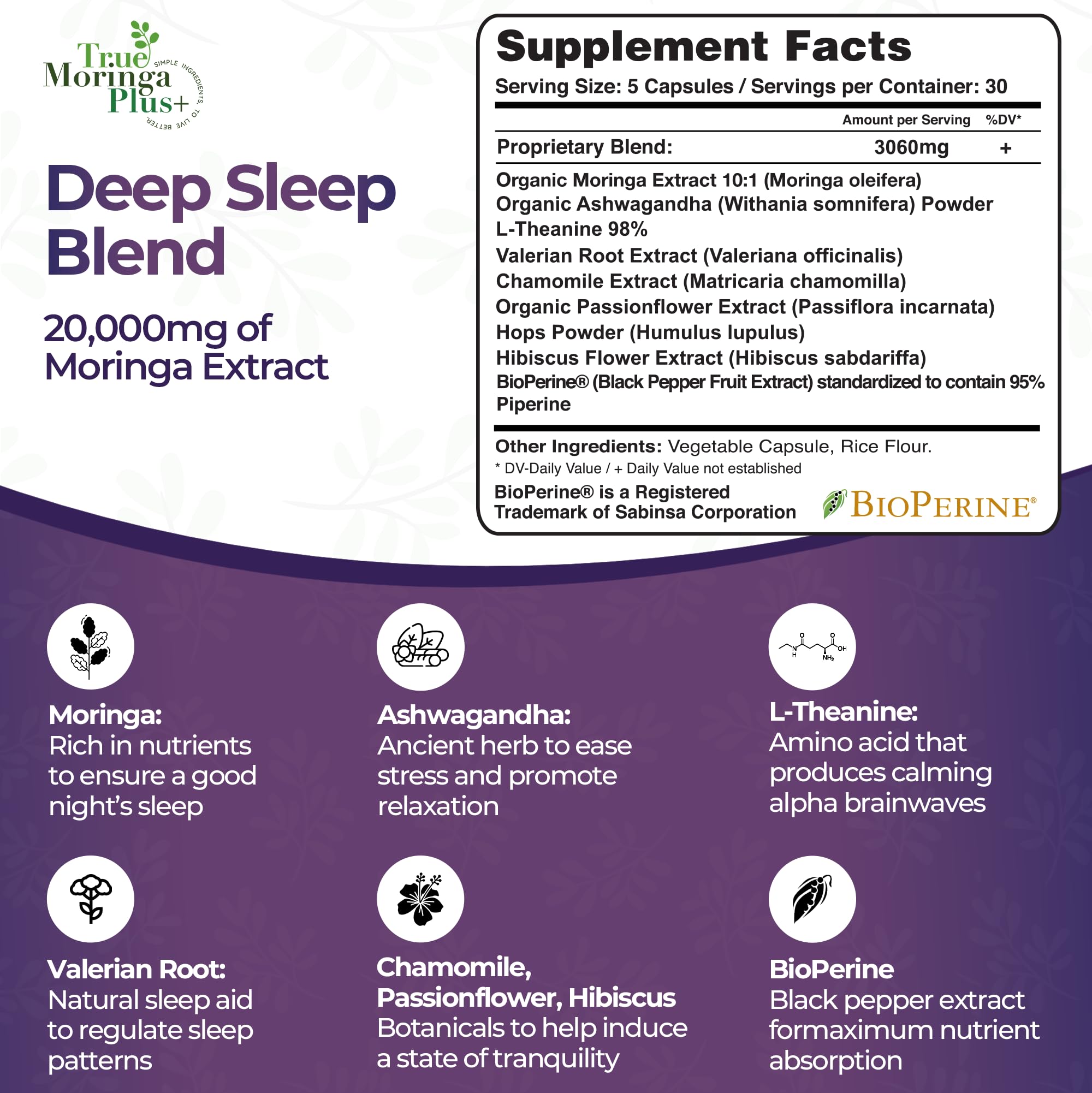 True Moringa Plus+ 10:1 moringa extract highlights potency for restful nights.