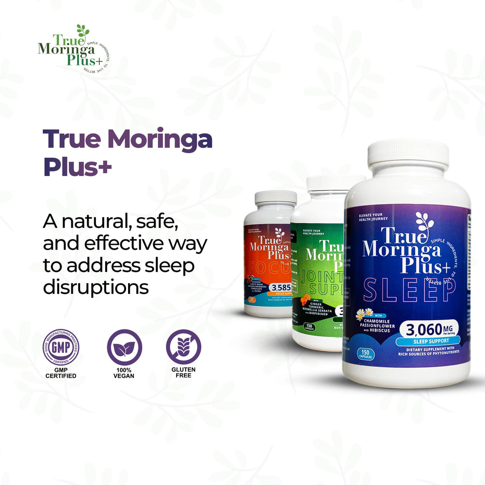 Chamomile hibiscus imagery from True Moringa Plus+ signals soothing notes.