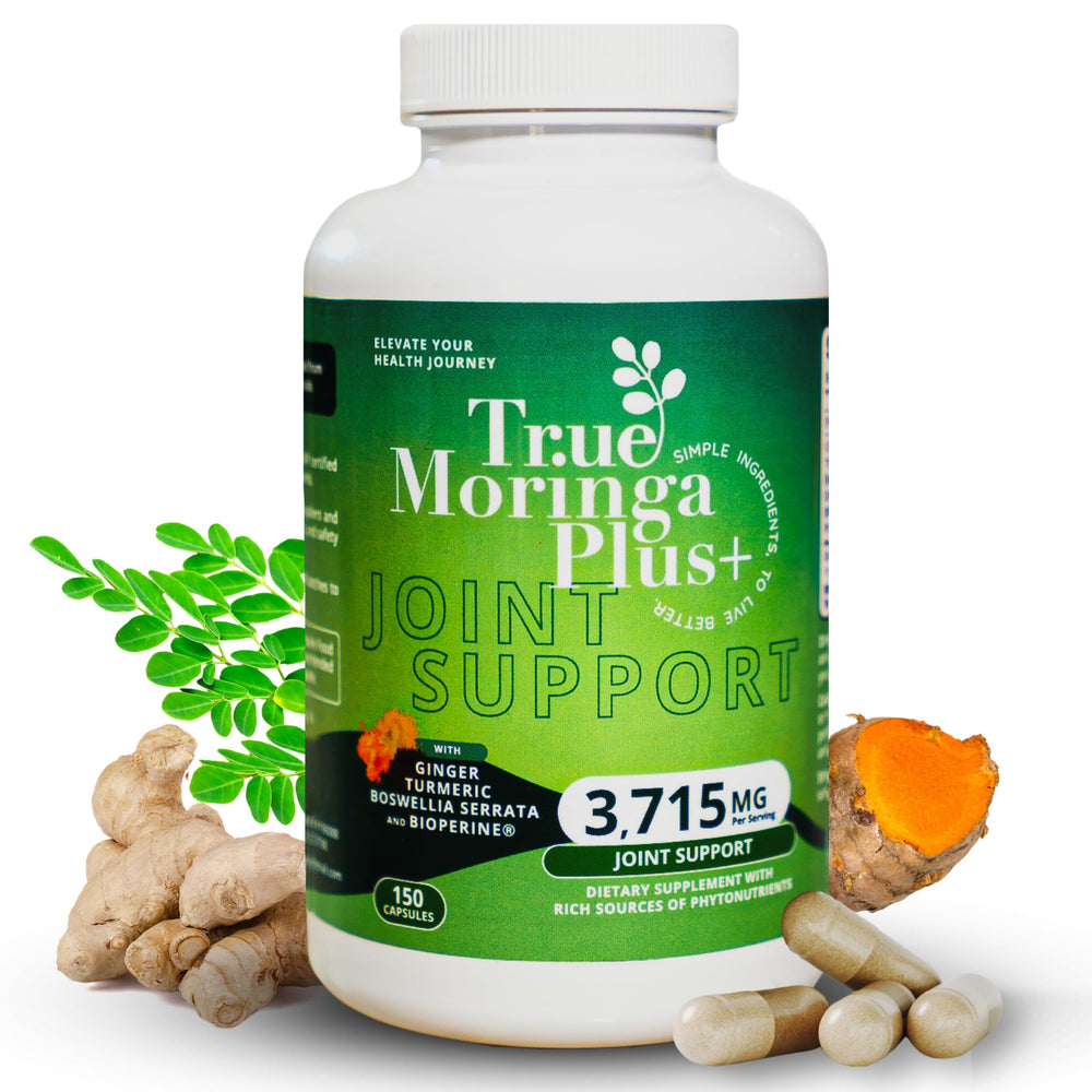 True Moringa Plus+ joint-support bottle with capsules supports comfortable movement