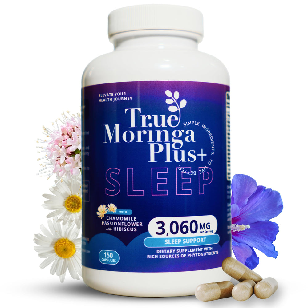 True Moringa Plus+ sleep bottle front promotes calm before bedtime.