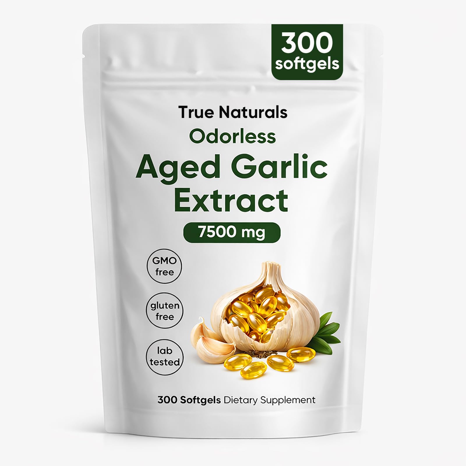 TRUE NATURALS aged garlic extract bottle showing 7500 mg potency for daily wellness