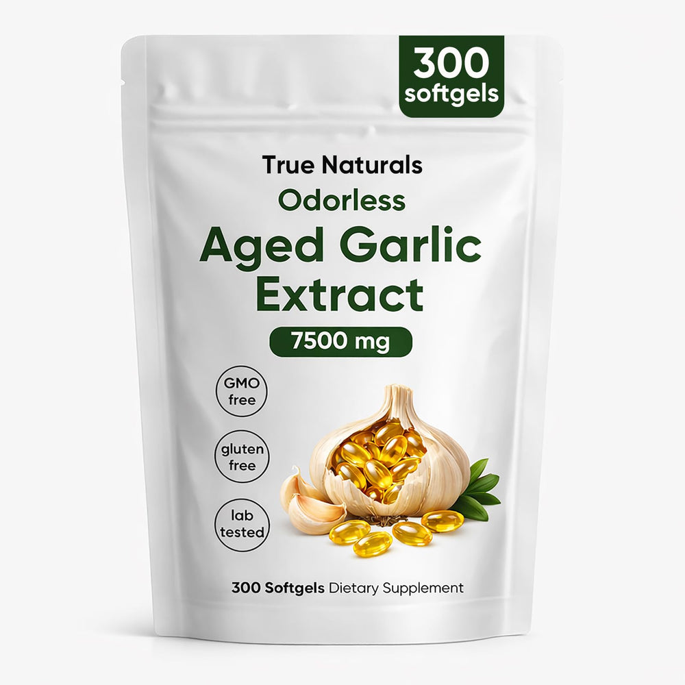 TRUE NATURALS aged garlic extract bottle showing 7500 mg potency for daily wellness