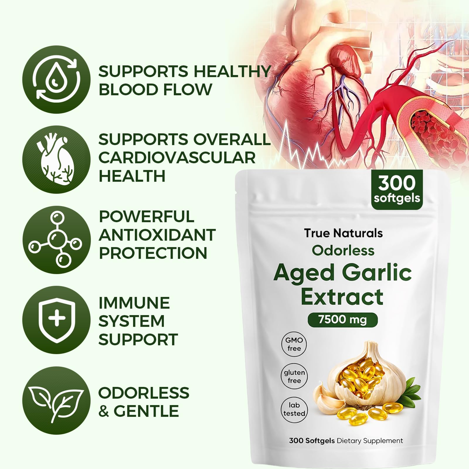 TRUE NATURALS odorless garlic capsules ideal for daily heart and immune support