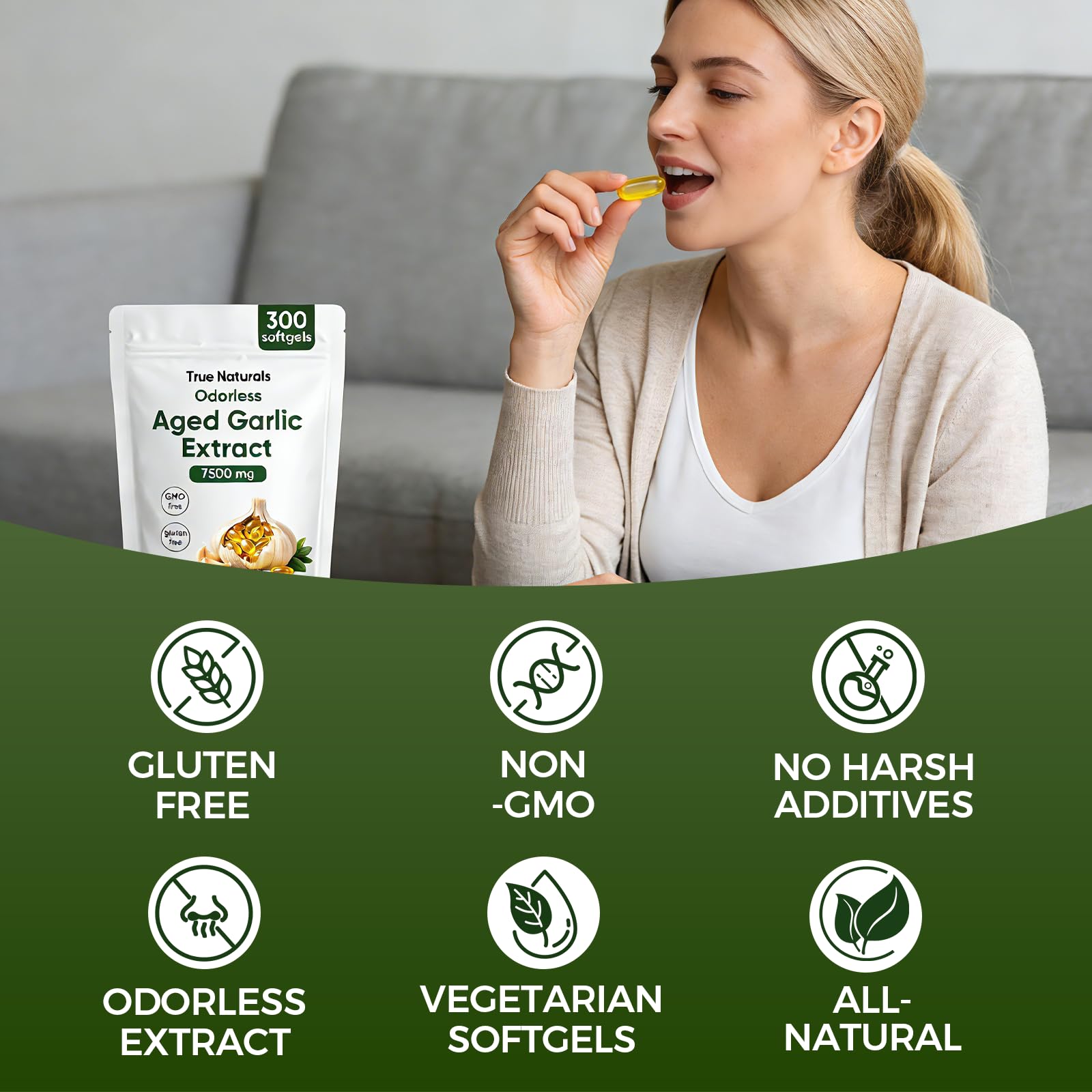 TRUE NATURALS eco-friendly packaging beside the bottle for responsible use