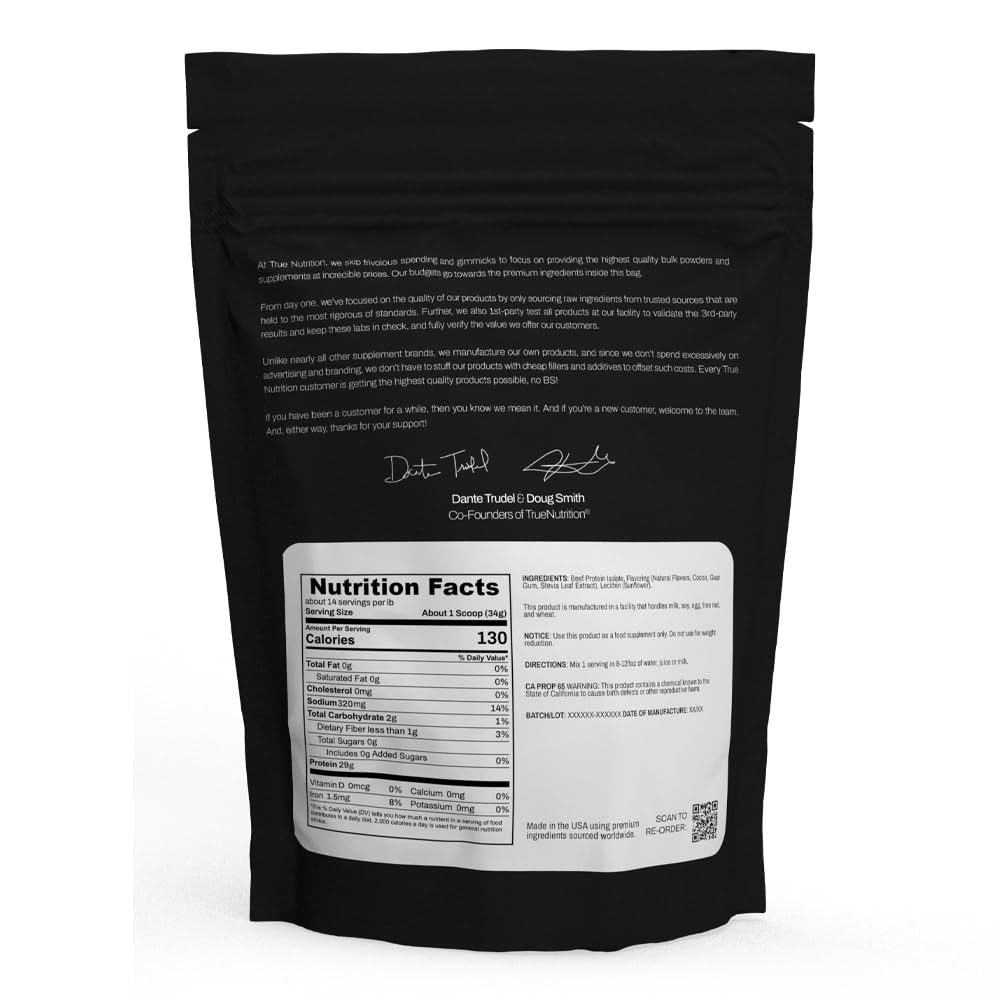 True Nutrition beef protein isolate chocolate flavor blends smoothly in shakes.