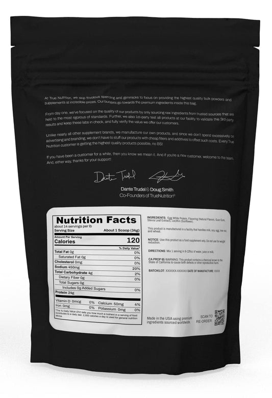 True Nutrition egg white protein powder label close-up showing non-GMO and dairy-free