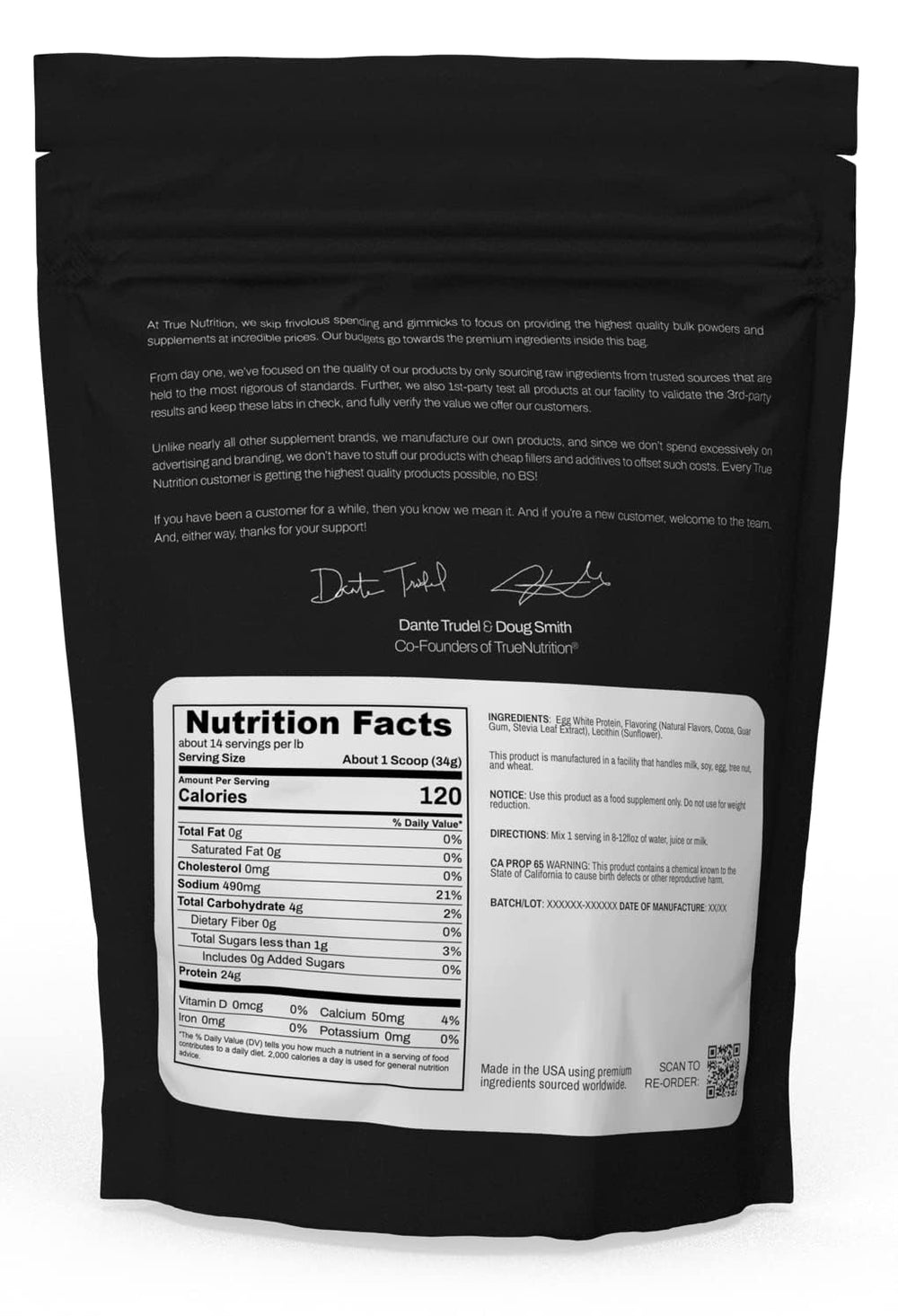 True Nutrition egg white protein powder pour into glass illustrates zero fat and zero carbs