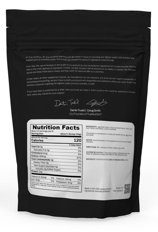 True Nutrition egg white protein powder pour into glass illustrates zero fat and zero carbs