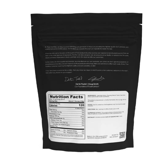 True Nutrition Egg White Protein Powder scoop illustrating easy serving for workouts
