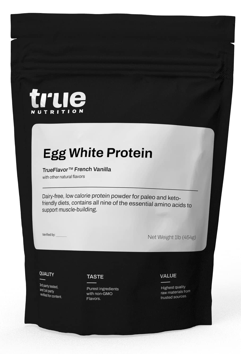 True Nutrition egg white protein powder vanilla jar on counter, dairy-free option for shakes