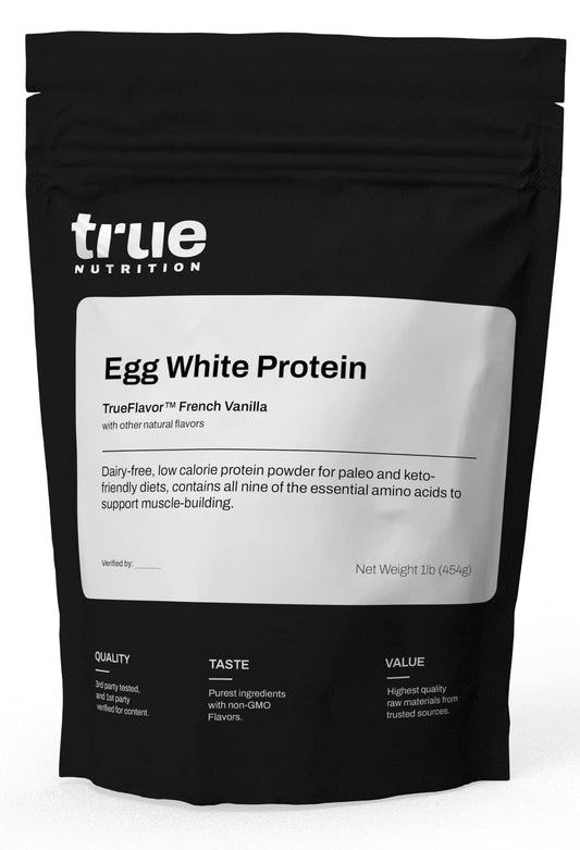 True Nutrition egg white protein powder vanilla jar on counter, dairy-free option for shakes