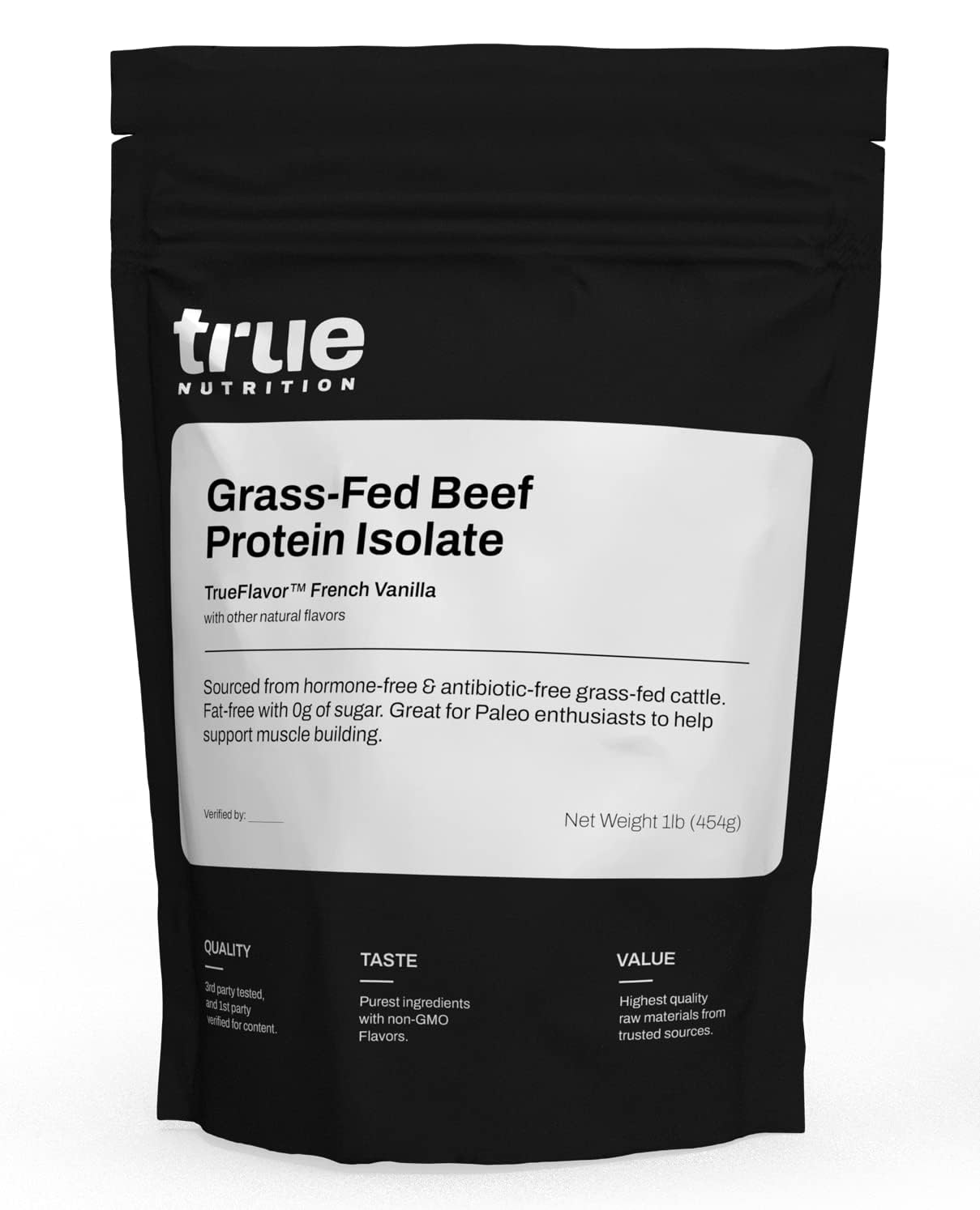 True Nutrition grass-fed beef protein isolate bottle highlights 29g protein per serving