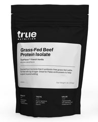 True Nutrition grass-fed beef protein isolate bottle highlights 29g protein per serving