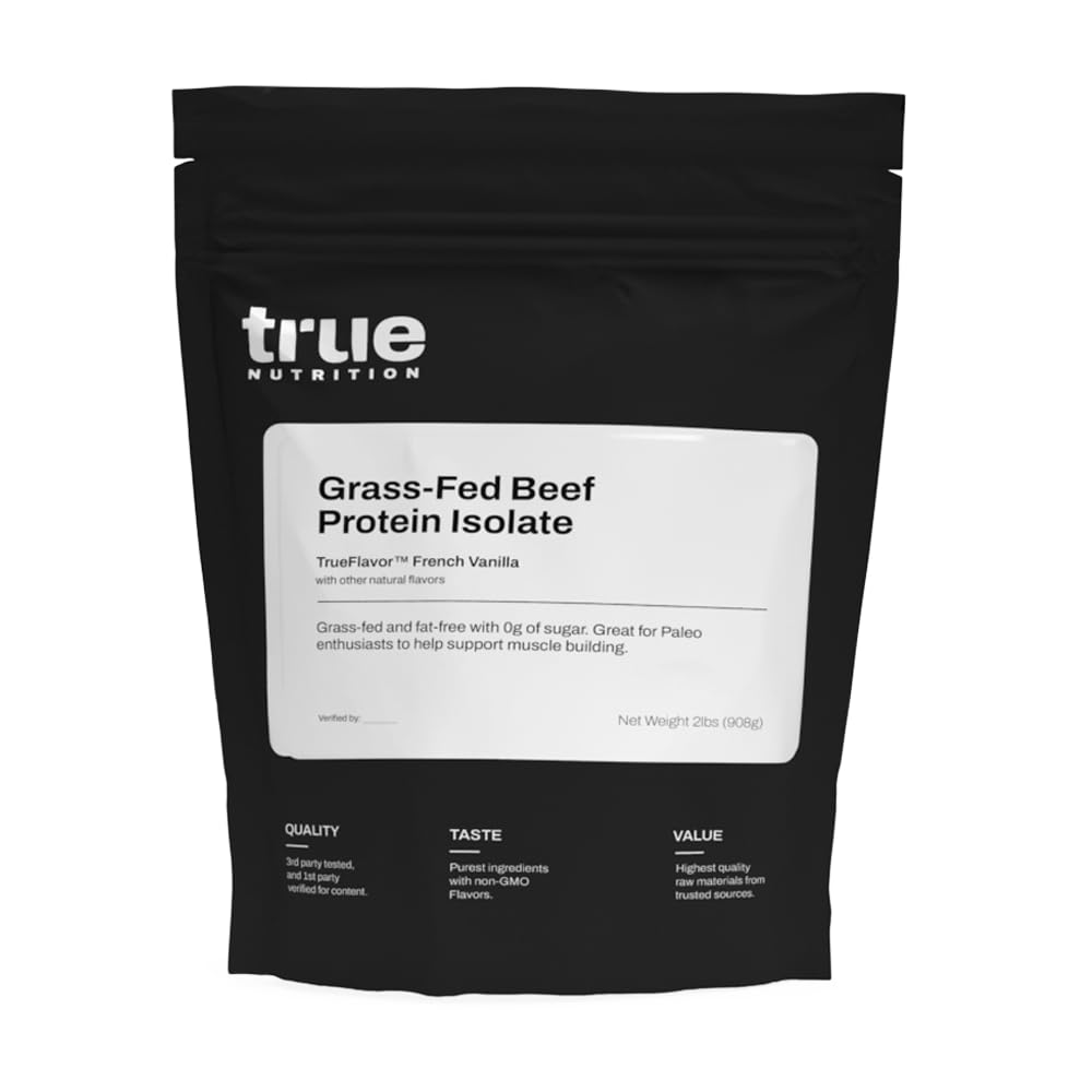 True Nutrition grass-fed beef protein isolate bottle with label, ideal for workouts and paleo diets