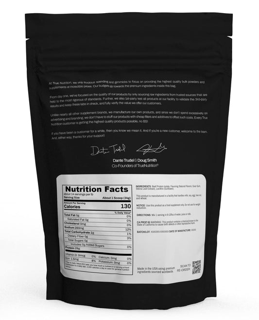 True Nutrition beef protein isolate scoop ready for quick shake