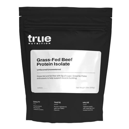 True Nutrition Grass-Fed Beef Protein Isolate bottle for high-protein Paleo and Keto meals.