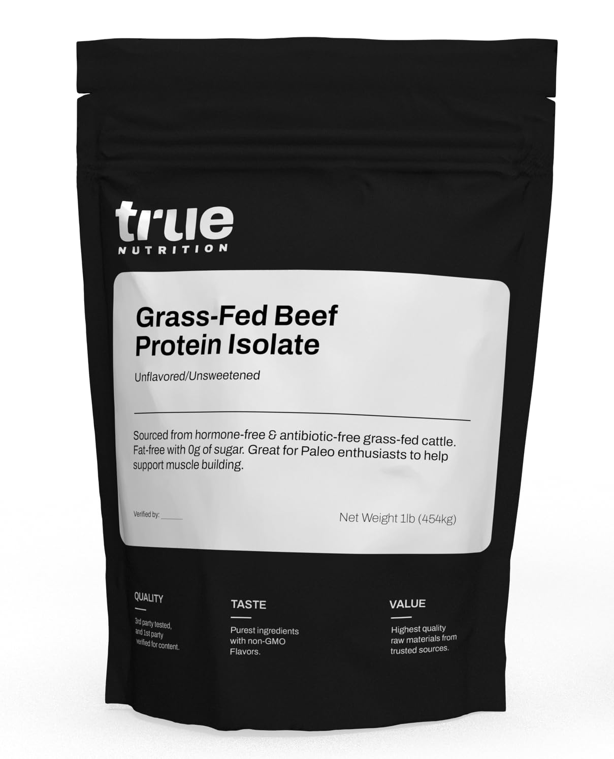 True Nutrition grass-fed beef protein bottle for quick high-protein shakes