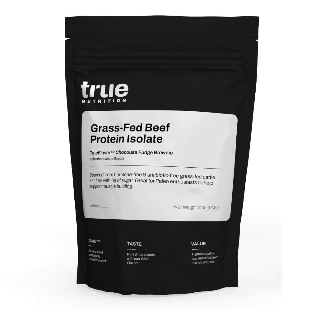 True Nutrition grass-fed beef protein isolate canister for post-workout recovery.