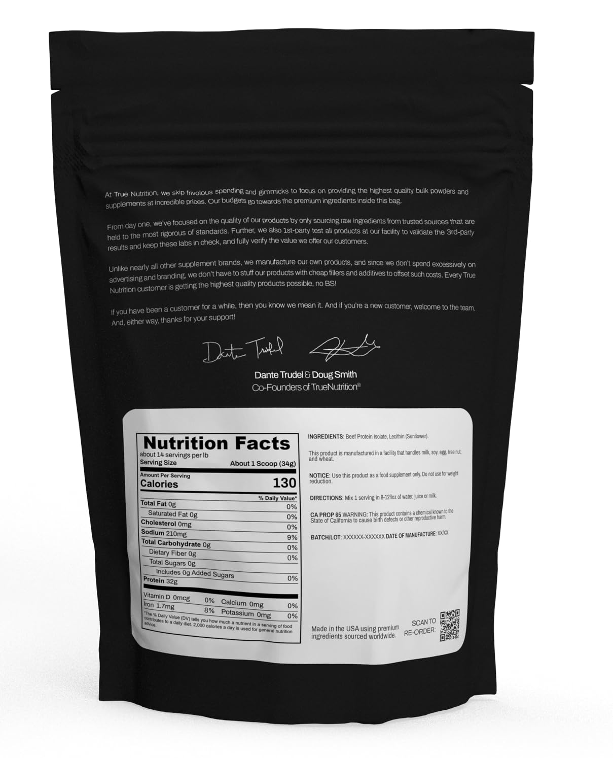 True Nutrition beef protein powder scoop measures a 29 g serving