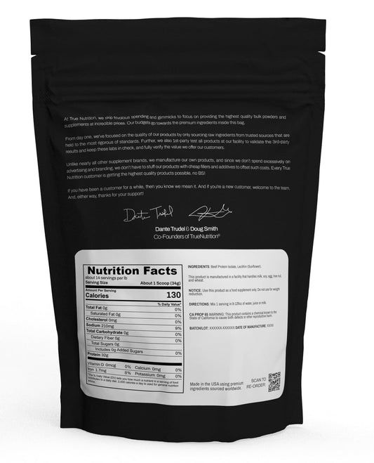 True Nutrition beef protein powder scoop measures a 29 g serving