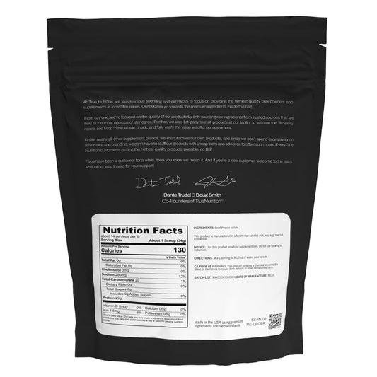 True Nutrition Grass-Fed Beef Protein Isolate scoop supports convenient, protein-rich fueling.